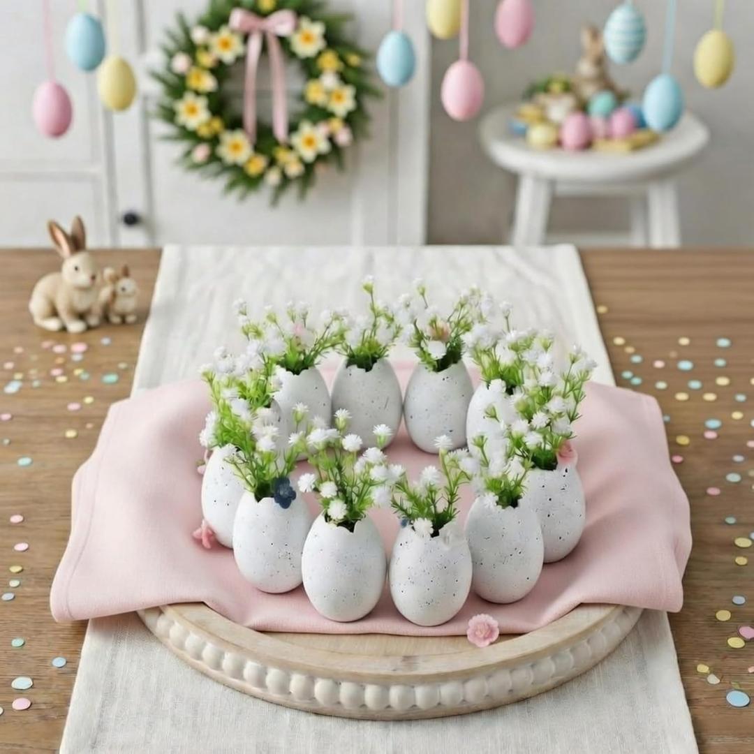 Easter Egg Candle Wreath Rings 5 Inch Easter Speckled Eggs with Artificial Flowers Resin Eggs Neutral Candle Rings Wreaths Rustic Spring Decor for Home Table