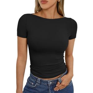 Trendy Queen Womens Boat Neck Short Sleeve T-Shirts Fitted Compression Summer Y2k Basic Tops 2026 Spring Outfits Clothes, M
