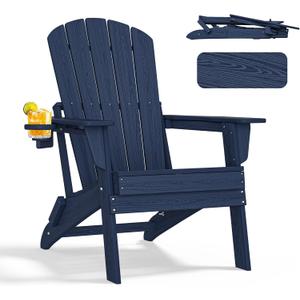 Nevilywood Folding Adirondack Chair - Extended Ergonomic Backrest, Cup Holder - Easy Assembly - Durable HDPE Plastic, Weather Resistant & Maintenance-Free - Lawn, Patio, Deck Supports 380lbs NavyBlue (1PC), 31"D x 29"W x 39"H
