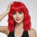 Pastel Dark Red Wavy Bob Wig for Women, Short Shoulder Length Synthetic Wig with Bangs, Matte Natural Realistic Look Lightweight Hairpiece, Red Color for Daily Wear & Cosplay Costume