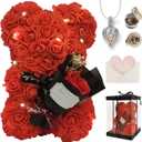 Romantic Valentines Day Gift for Her, Artificial Flowers Bouquet Necklace Rose Teddy Bear with Real Pearl Blind Box Birthday Gift, Valentiness Day Gift for Monther Wife Girl (Red)