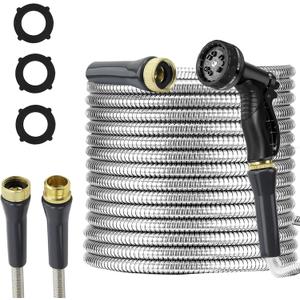 Stainless Steel Garden Hose 50ft Heavy Duty Metal Water Hoses with 10 Function Water Hose Nozzles for Yard Outdoor
