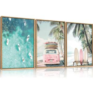HOURIA Summer Surfboard Beach Framed Canvas Wall Art Set,Modern Ocean Surfing Seascape Wall Decor,Coastal Bus Coconut Tree Wall Painting,Nature Botanical Art Prints for Living Room, Bedroom-16 x24 x3
