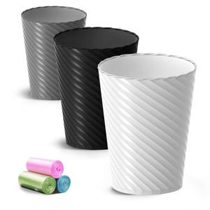 Lysam Bathroom Trash Can, 3 Pack 1.8 Gallons Small Trash Can with Trash Bags, Bathroom Garbage Can, Plastic Trash Bin, Round Waste Basket for Bedroom, Office, Room (White Black Grey)