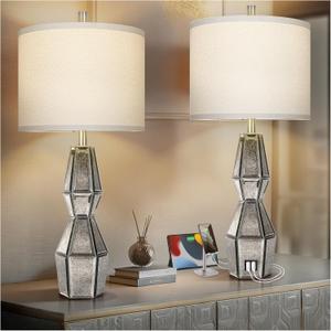 28" Vintage Table Lamps for Bedroom,Antique Bedside Lamp for Living Room with USB A+C Ports,Glass Table Lamps with Linen Shade,3-Way Dimmable Bulb,Nightstand Lamp for Home Hotel Office(Bulb Included)