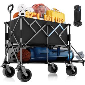 Homebetta 52" Heavy Duty Double-Layer Wagon with Brakes,560LBS Double Decker Wagon,650L Collapsible Wagons Carts with All-Terrain Big Wheels for Sports,Camping,Fishing,Transport