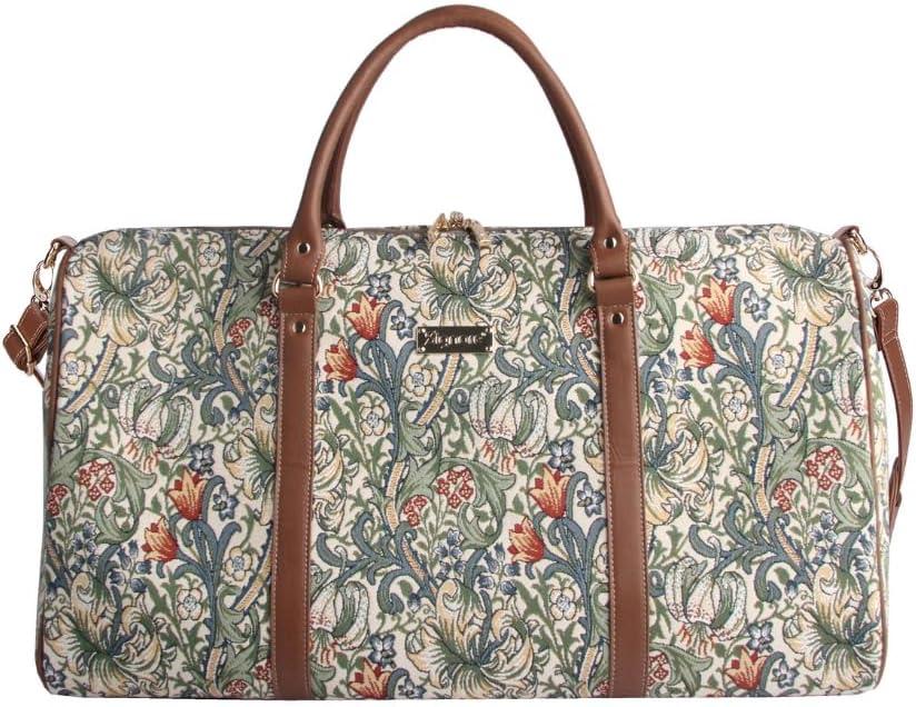 Signare Tapestry Large Travel Duffle Bag Ladies Overnight Weekender Carryon Gym Sports Duffel bags for Women (Golden Lily)