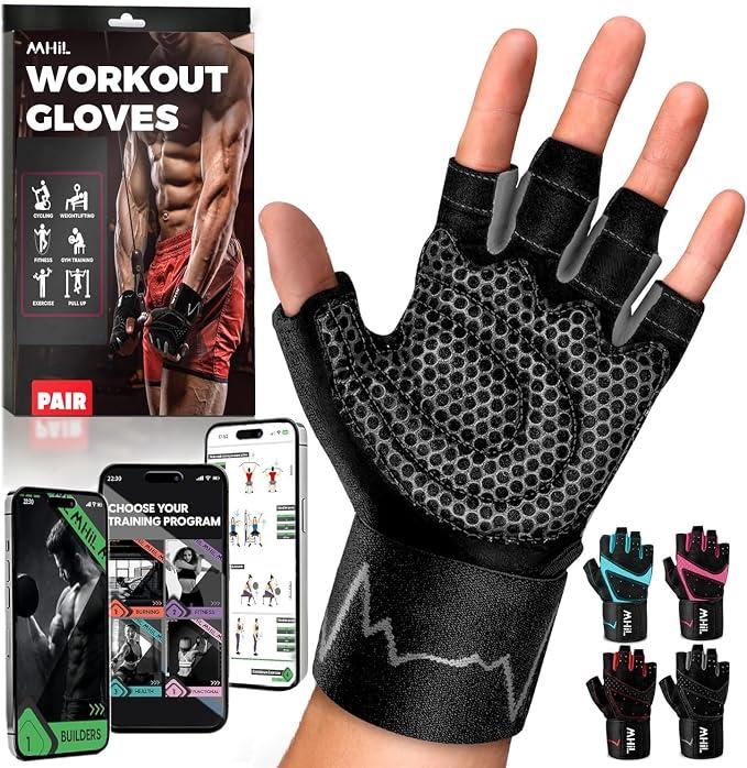 MhIL Workout Gloves for Men – Comfortable Gym Gloves for Men with Enhanced Grip for Safety and Hand Protection – Weight Lifting Protection with Wrist Wraps Support for Performance Boost and Style, No Size Foun