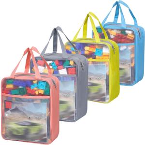 4 Pack Extra Large Mesh Toy Zipper Storage Bags(11.8 * 9.8 * 5.2in) Magnetic Tiles Block Sets Plush Toy Storage Organizer with Pockets, Travel Breathable See Through Colored Pouch with Handle