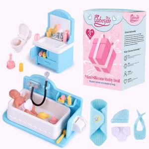 BABESIDE Mini Silicone Baby Dolls, 3 Inch Realistic Newborn Baby Doll Full Silicone Sleeping Little Baby Dolls Mini Real Life Baby Girl Miniature Baby with Bathroom Toy Set Accessories(Blue)