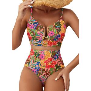Herseas Womens 2 Piece High Waisted U Wire Bikini Set Floral Print Swimsuit Crisscross Back Bathing Suit Beach Swimwear (Tropical Animal Print), M