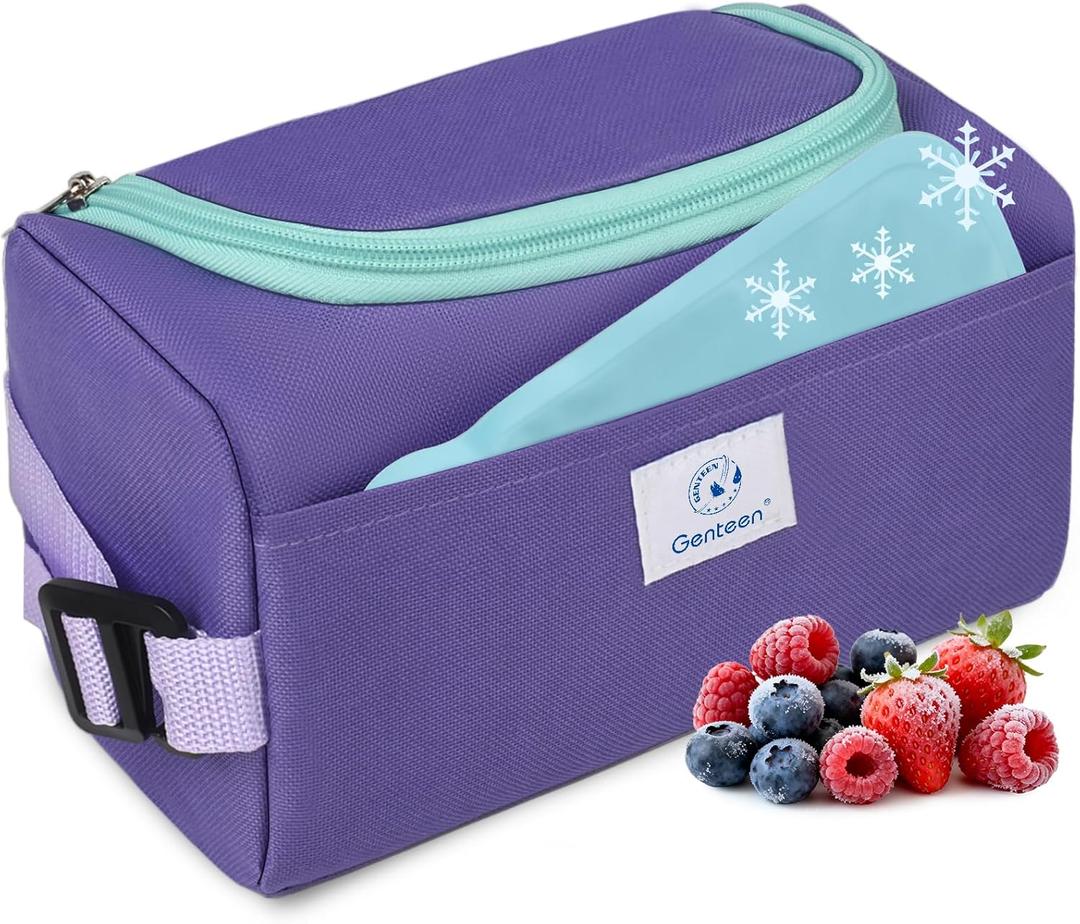 Genteen Lunch Bag Kids,Small Cooler Bag with Ice Packs,Freezable Lunch Bag/Snack Bag,Insulated Bag Reusable, with Zip Closure & Buckle Handle for Travel/School/Work,Purple