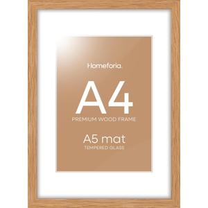 Homeforia A4 Frame Wood, High-End A4 Wooden Frame for Wall or Tabletop, Natural Oak 8.3 x 11.7 Frame with Mat for A5, A4 Photo Frame Wood, Tempered Glass, Wall Kit, Set of 1