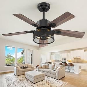 Vaczon Farmhouse Ceiling Fans with Lights and Remote, 42 Inch Black Caged Ceiling Fan, Indoor/Outdoor Ceiling Fan with Dual-Color Blade Warm White Lighting for Bedroom, Patio, Kitchen, Living Room