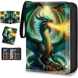 Card Binder 4 Pockets Zip Trading Card Binder for 400 Cards, PU Collection Binder with Removable Sleeves for 50 Pages, Portable Collector Album, Card Book for Game Card, Sports Cards, Gifts (Green Charizard)