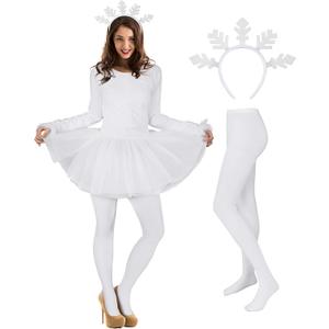 Sureio 3 Pcs Winter Snowflake Tutu Costume Christmas Woman Long Sleeved Dress Stocking White Headband for Cosplay Party (White, L)