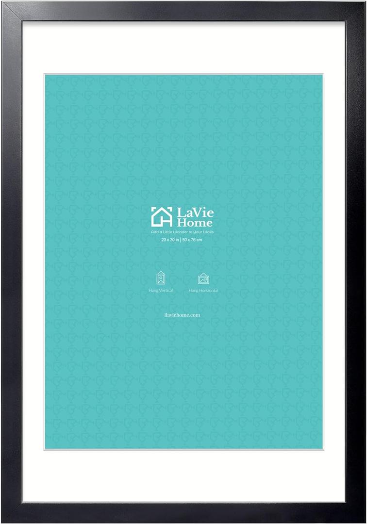LaVie Home 20x30 Picture Frame Black Poster Frame,Display Pictures 18x24 with Mat or 20x30 Without Mat, Stable and Sturdy Frame and Polished Plexiglass, Horizontal and Vertical Format of The Walls