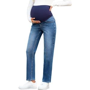BLENCOT Women's Over The Belly Maternity Ankle Jeans Stretchy Denim Pregnancy Pants with Pockets, M