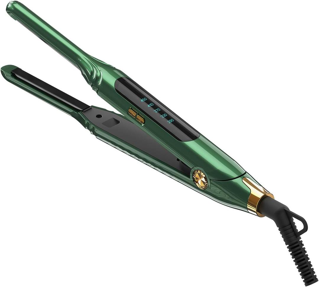 Small Flat Irons for Short Hair, 15s Ultra Fast Heat Up Pencil Flat Iron, Negative Ions Mini Flat Iron for Edges, 3/10'' Travel Hair Straightener with LED Display Auto Shut OffGreen