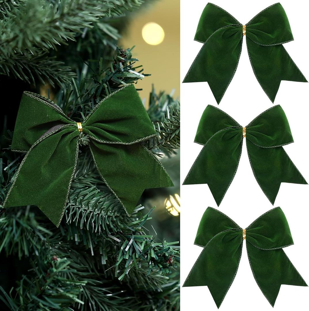Janinka 12 Pcs Green Christmas Velvet Bows 6 Inch Rustic Wreath Gift Bows Vintage Xmas Velvet Ribbon Bow Ornaments for Xmas Farmhouse Tree Garland DIY Craft Wrapping Decorative