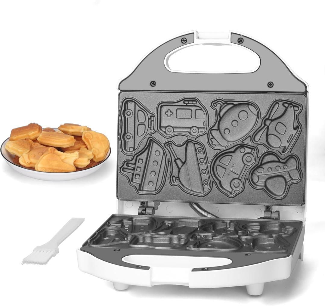 Car Waffle Maker for Kids, Halloween & Christmas Mini Waffle Maker, 8 Fun Vehicle Shaped Mini Pancake Maker, Non Stick Surface, Excellent Gift, White