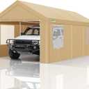COBIZI Carport Canopy 12x20 Heavy Duty Portable Garage with Roll-Up Ventilation Windows & Doors, Removable Sidewalls Car Canopy Tent Waterproof with Built-in Sandbags for Cars, Boats, Trucks, Khaki