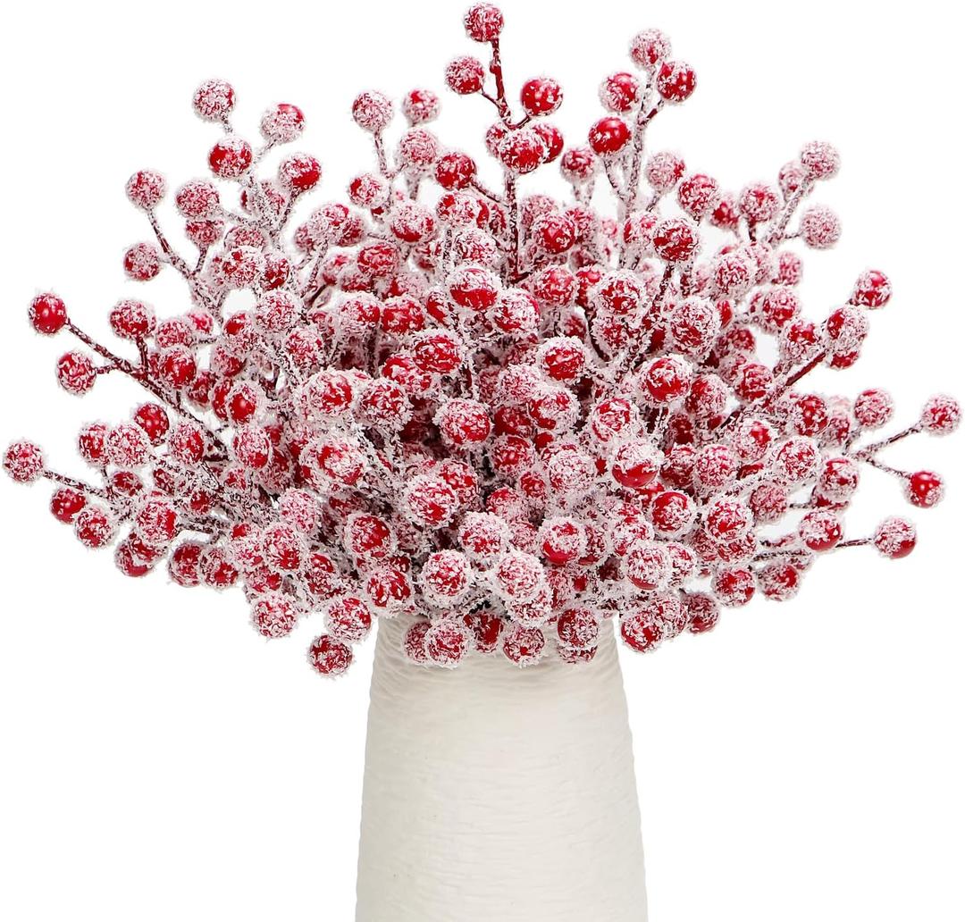 24Pcs Artificial Berry Picks Snow Sprays Christmas Frosted Holly Berry Stems Twigs Winter Branches for Christmas Tree Fillers Decor Holiday Arrangement Wreaths Garland Crafts DIY Ornaments (Red)