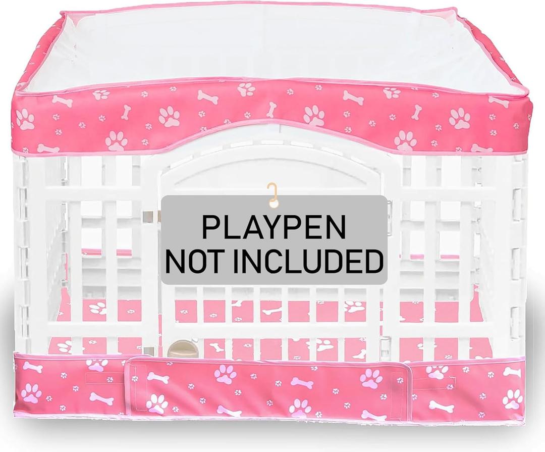 Dog Playpen Bottom Pad and Mesh Top Cover fit 36" x 36 Puppy Playpen(Fence NOT Included),Reusable for Pet Training,Dog Crate,Waterproof Pet Pee Pads,Whelping,Puppies/Small Dogs,Hoop&Loop Design,Pink
