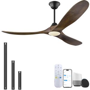 52 Inch Outdoor Smart Ceiling Fan with Lights Damp Rated for patios, 3 Blades Solid Wood, ETL Listed Indoor Exterior, 6-Speed Noiseless Energy Efficient DC Motor Matte Black Finish with Walnut Blades