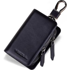 VISOUL Car Key Case Holder Double Zipper, Leather Car Smart Key Fob Case with Keychain for Men and Women (Black)