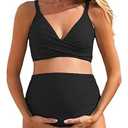 Summer Mae Maternity Bikini Swimsuit Color Block Two Piece Criss Cross V Neck Bathing Suit High Waist Pregnancy Swimwear Black 12