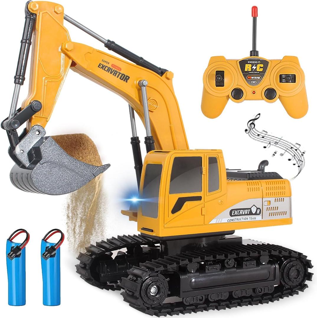 Remote Control Excavator Toys for Boys, RC Excavator Toy for Boys 3 4 5 6 7 8 Year Old Kids Christmas Birthday GiftRC Digger Truck Construction Vehicles with Metal Shovel & Light