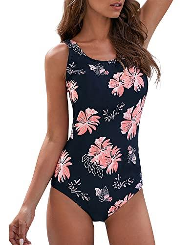 American Trends Modest Criss Cross Back One Piece Swimsuit Women Full Coverage Floral Print Long Torso Swim Suits Pattern 6-8 Pink