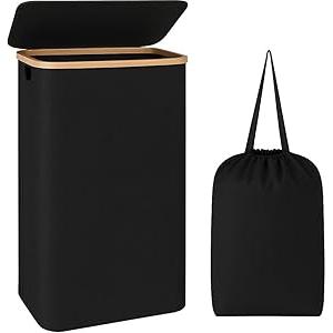 LONBET Laundry Basket with Lid, Made from Breathable Fabric | Aesthetic Clothes Hampers for Laundry with Side Handles & Sturdy Bamboo Frame (13 Gallons - Box, Black)