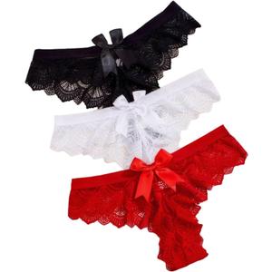 Amazleer 3 PCS Women's Lace Thong Panties with Random Bow Knot Sexy Cheeky Bikini Underwear (3, Multicolor, 2XL) 