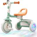 besrey Kids Tricycle with Flash Wheels for Ages 18 Months to 5 Years, Toddler Tricycle with Bell, Kids Tricycle, Gift for 2-5 Year Olds, Gift and Toy for Boys and Girls, Tricycle for Toddlers, Green (Green Flash Wheel)