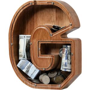 Piggy Bank for Kids Boys Girls, Wooden Large Letter Piggy Bank Alphabet Money Bank with Initial G, Coin Bank Fun Gifts for Birthday, Christmas, Festival, Baby Shower