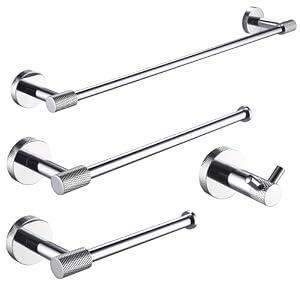4-Piece Modern Bathroom Hardware Set: Stainless Steel Towel Bar, Robe Hooks & Toilet Paper Holder -304 Steel Rustproof, Spa-Grade Chrome Finish for Stylish Bathrooms