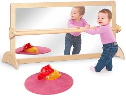 KRAND 3-Position Montessori Wood Frame Non-Shatter Safety Pull Up Bar Baby Big Mirror Set, Infant Coordination Mirror, Kids Classroom Furniture for Daycare, Homeschool or Preschool
