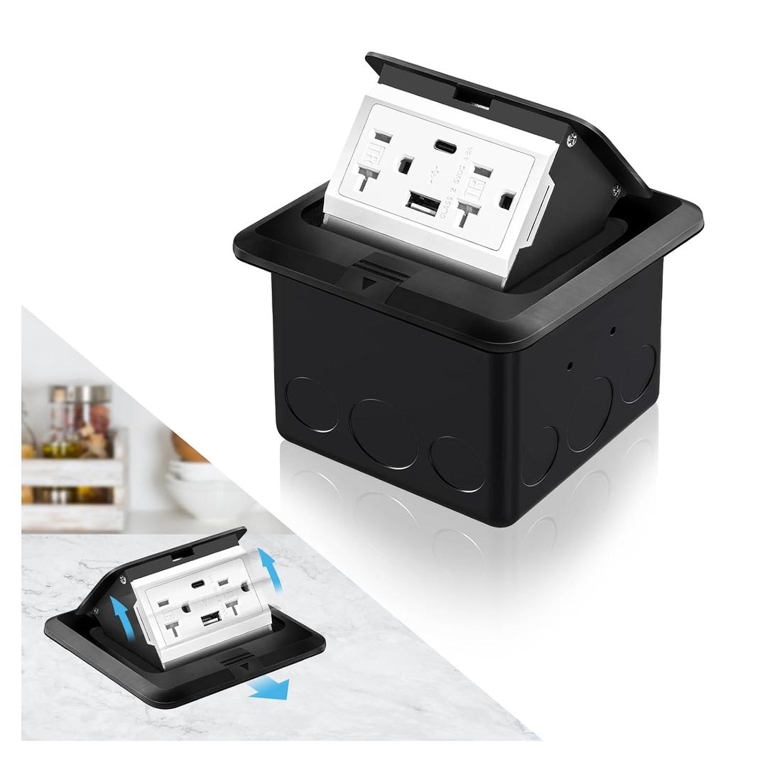 Vagueior Recessed Floor Electrical Outlet Kit, Waterproof Electrical Outlet Cover Box, Hidden 4.8A USB A+C, 20A Tamper-Resistant Receptacle Outlet with Slow Elastic Damping, UL Certified, Black