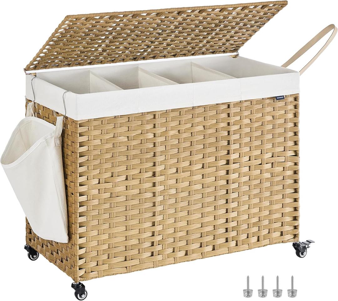 SONGMICS Laundry Hamper with Lid, 55.4 Gallons (210 L), Rolling Laundry Basket with Wheels, 4-Section Synthetic Rattan, Removable Liner, Bedroom, 33.9 x 15.7 x 26 Inches, Natural Color ULCB460Y01