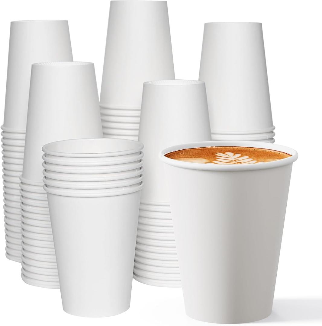 JOLLY CHEF 12 oz Paper Coffee Cups 100 Pack, Disposable Hot Paper Cups for Party, Office, Home, Travel (White)