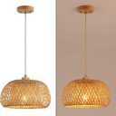 Bamboo Pendant Light Fixture One-Light Adjustable Boho Basket Handmade Woven Pendant Lighting for Kitchen Island Sink Farmhouse Dining Room