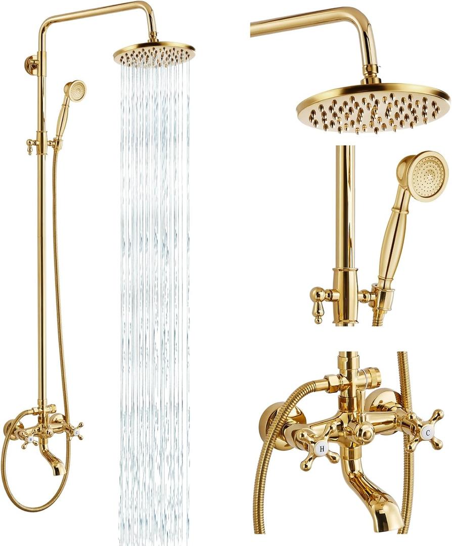 Gotonovo Exposed Shower Faucet Set 8 Inch Rainfall Showerhead 3-Function Shower Fixture with Tub Spout 2 Corss Handles Shower System, Polish Gold