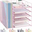 LEKETREE Desk Organizers and Accessories, 5-Tier Paper Letter Tray Organizer with File Holder, Desktop Organizer for Office Supplies (Pink)