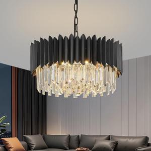 Black Crystal Chandelier 20'' K9 Crystal Round Pendant Lights Adjustable 4-Tier Large Modern Crystal Chandelier 6-Lights for Dining Room Living Room Kitchen Foyer Entryway, 20" Flat