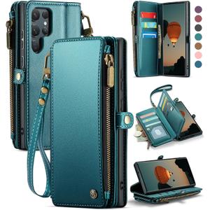 Defencase Compatible with Samsung Galaxy S22 Ultra Case Wallet with RFID Blocking Card Holder for Women Men, PU Leather Magnetic Snap Flip Zipper Strap Phone Case Fit for Galaxy S22 Ultra 5G, Green (Elegant Blue Green)