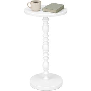 Solid Wood Round Side Table, Rustic Pedestal Drink Table for Small Spaces, Accent Nightstand Table for Living Room, Bedroom, Corners, and Office, White, 11.7"D x 11.7"W x 22.7"H