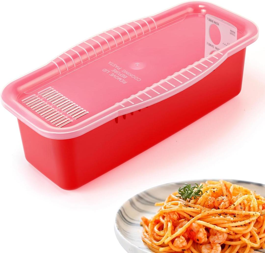 Microwave Pasta Cooker with Strainer Lid- Quickly Spaghetti Cooker- No Sticking or Waiting For Boil- Perfect Make Pasta Every Time- For Dorm, Kitchen or Office, Red (2.5 Quarts)