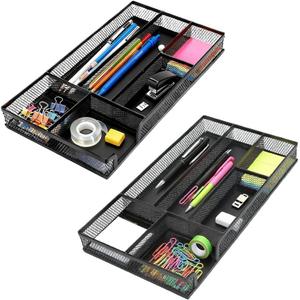 2 Pack Desk Drawer Organizer, Small Metal Mesh Desk Organizer Tray, Pen Pencil Drawer Organizer for Office Supplies, Desktop, Makeup, Vanity